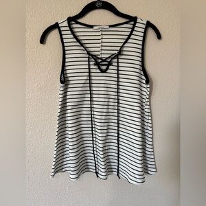 Acemi Striped Lace Up Tank Top Black White Ribbed Sleeveless Blouse Women Small